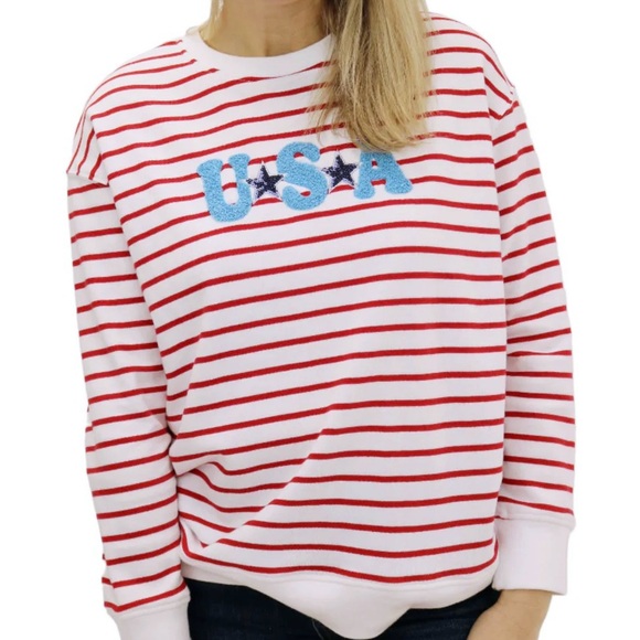 Shiraleah USA Embroidered Red White Stripe Pullover Sweatshirt Medium Womens - Picture 1 of 14